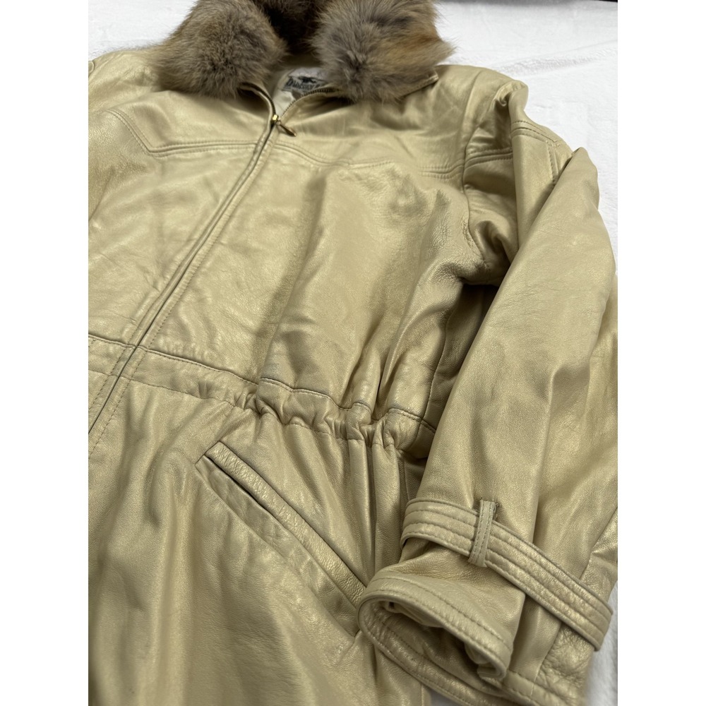 Vintage Cache Damselle Jacket Womens XS Beige Leather Fur Collar Belted USA 80s - Picture 2 of 12